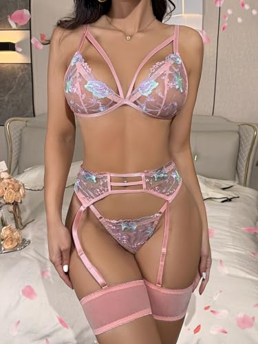 Image of popiv Women's Sexy Lingerie Set with Garter Belt Matching Bra and Panty Lingeries Sets 4 Piece