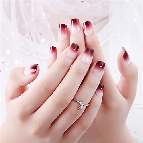 Laza 24 Pcs Colorful Ombre Fake Nails Square Full Cover Gradient Medium UV Coat Artificial Acrylic Nails with Glue Sticker Nail File Wood Stick - Red