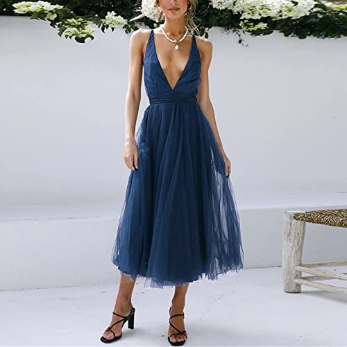 SLENDIPLUS Vestido feminino com decote em V profundo em tule alças finas costas costas abertas festa