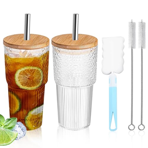 WANDGU Gobelets en verre avec couvercle et paille : 2 pièces de 700 ml en verre à smoothie avec paille, lot de verres à long drink en verre borosilicate pour café glacé, smoothies (avec 2 brosses)