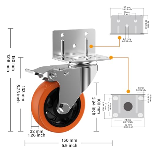 Image of 4 inch L-Shaped Caster Wheels Set of 8, Side Mount Swivel Casters | With Brake, Polyurethane Wheels, Non-Marking. 360 Double Ball Bearing. For Workbench, Shelving, Cart, Garage, Workshop.