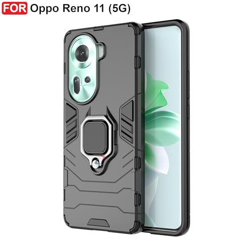 Image of CEDO Kickstand Cover for Oppo Reno 11 (5G) Rugged Case | Built-in Stand Rotating Ring Holder | Military Grade Armor Bumper Back Cover (Black)