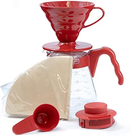 Hario Pour Over Coffee Starter Set Coffee Dripper Set Dripper, Glass Server, Scoop and Filters Size 02, Red