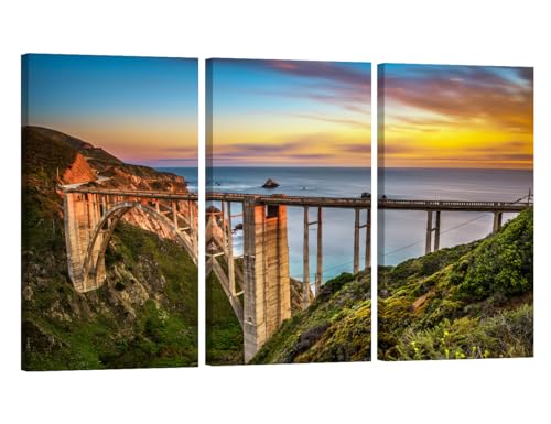 3 Panels Rocky Creek Bridge Wall Art Bixby Bridge in Big Sur California USA Poaters Prints On Canvas Pacific Coast Highway Wall Painting Bixby Bridg Home Decor Framed Ready to Hang 20X40X3 INCH