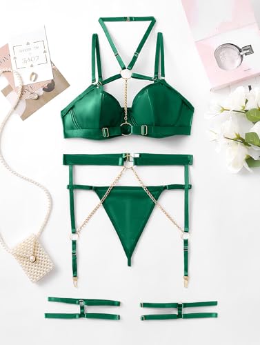Image of Lilosy Sexy Pu Leather Strappy Underwire Garter Belt Lingerie Set