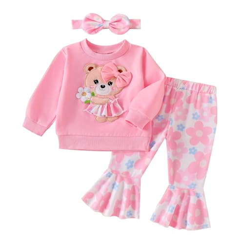 Image of Baby Girl Clothes Fall Winter Long Sleeve Bear Cartoon Sweatshirt Flare Pants Bow Headband Set 6 Months-4 Years Old
