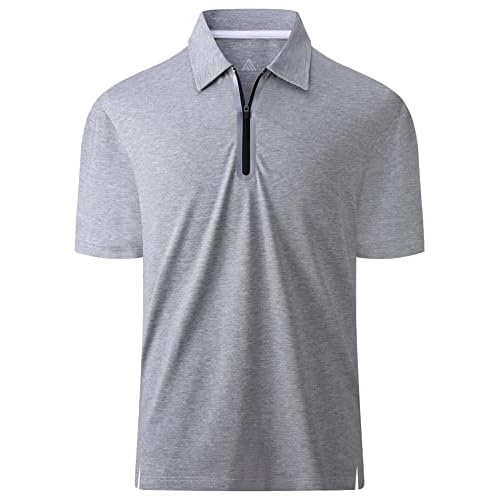 V VALANCH Mens Zipper Polo Shirts Short Sleeve Moisture Wicking Outdoor Golf Shirt Collared Athletic Tennis Polo Medium P1553-hemp Light Grey
