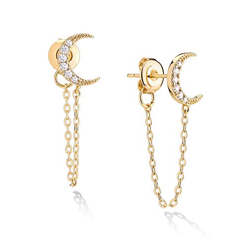 VACRONA Chain Stud Earrings for Women 14K Gold Plated Moon earrings Cartilage Piercing Tiny Clip on Stud Earrings Cubic Zirconia Ear Cartilage Crawler Stud Earrings for Women Jewelry Gifts