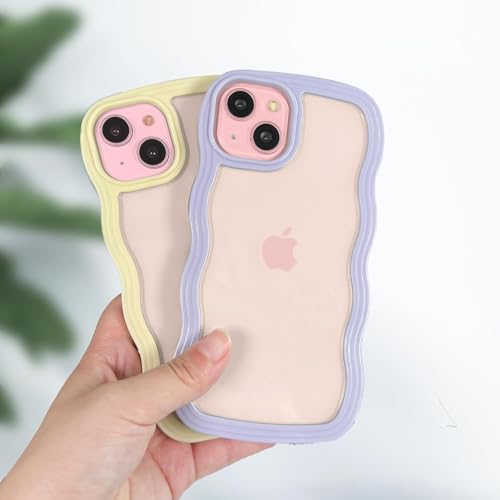 Image of GoldKart iPhone 15 Plus Case Wavy Edge Clear Back Design, Anti-Slip Grip Cute Wave Curly Frame Shape Shockproof Soft TPU & Hard PC Bumper Protective Phone Case Cover for Women Girls - Purple