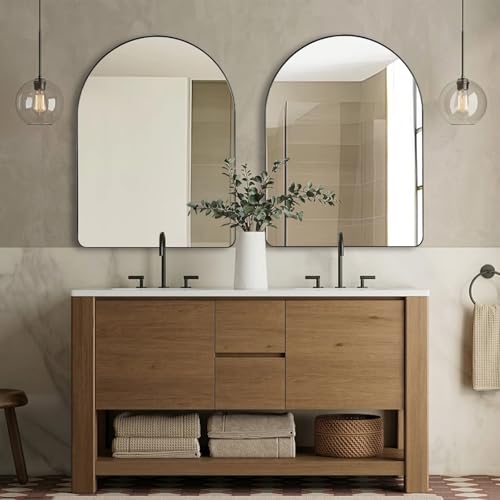 Image of ANDY STAR Arched Mirror, 24 x 32 Inch Black Wall Mirror in Stainless Steel Metal Frame, Arch Top Rounded Corner 1 Inch Deep Set Design Wall Mount Hangs Vertical