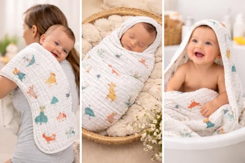 Image of Cotton Muslin Baby Bath Towel Super Soft Bathing Towel for Newborn Highly Absorbent, Kids Boys and Girls Multicolor Size 55 x110 cm (Color May Vary)