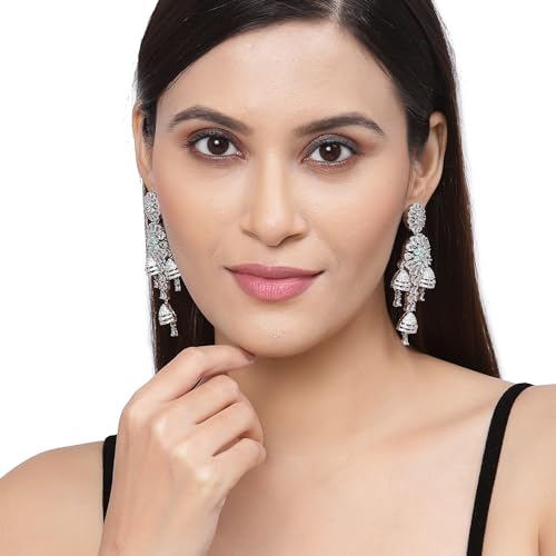 Rhodium-Plated Circular Drop Earrings with American Diamond Studs