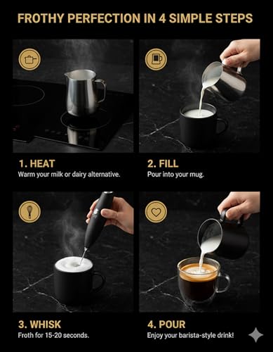 Bean Envy Milk Frother Handheld - Perfect for The Best Latte - Whip Foamer - Includes Stainless Steel Stand - Black