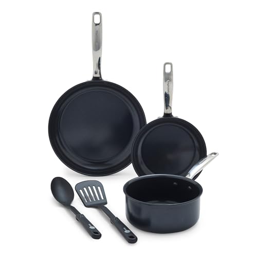 Image of GreenPan Chatham Prime Midnight Hard Anodized Healthy Ceramic Nonstick, 5 Piece Cookware Pots and Pans Set, Mixed Cooking Utensils, Stainless Steel Handles, PFAS-Free, Dishwasher Safe Oven Safe, Black