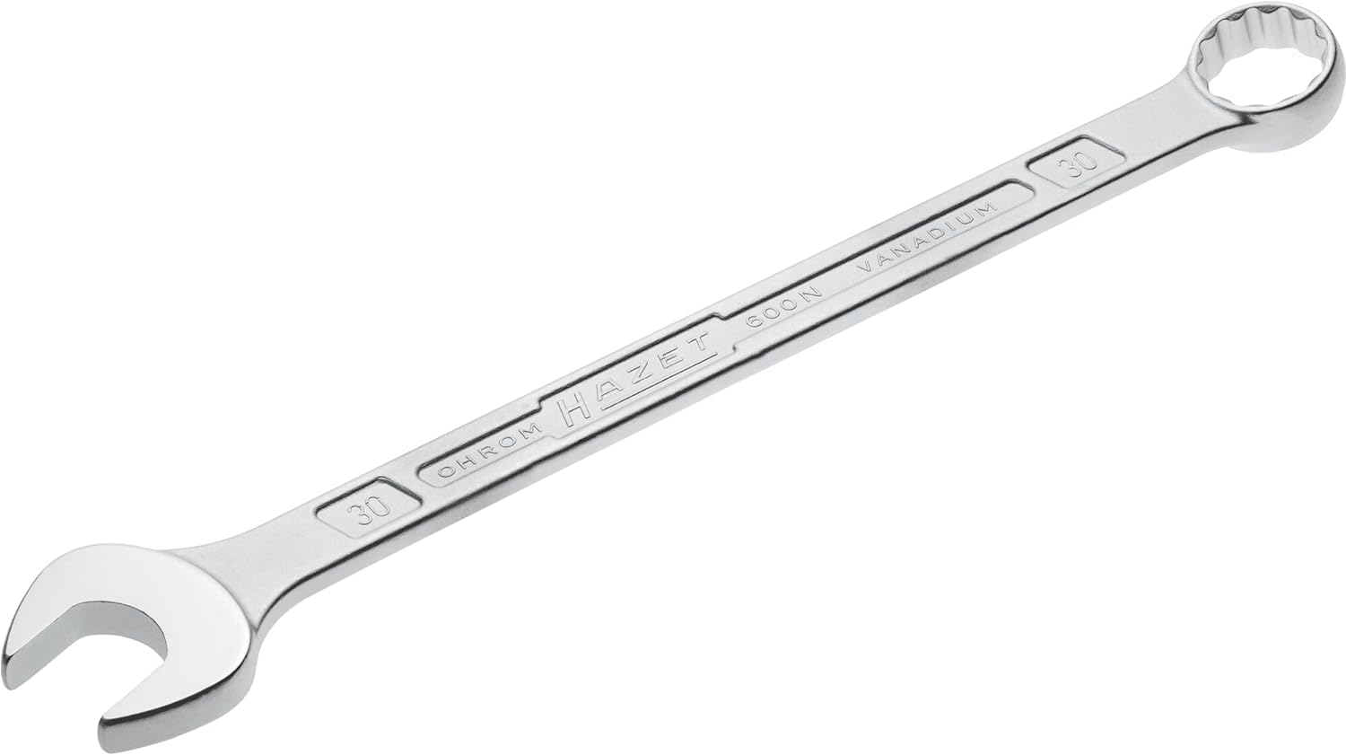 HAZET: Ring-Maulschlüssel 600N-30 verchromt I Ringschlüsselkopf 15 Grad abgewinkelt - Abtrieb: Außen Doppel-Sechskant, Schlüsselweite: 30 mm, Schaft mit extra stabilem HAZET Doppel-T-Profil