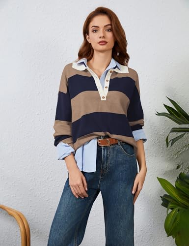 Image of Womens Striped Sweater Rugby Polo Shirts Y2k Collar Pullover Tops | Rugby Shirt,Long Sleeve Knit Top,Lapel V Neck Jumper,Oversized,Casual Outings Streetwear,Preppy Sweater,Fall Winter Clothes