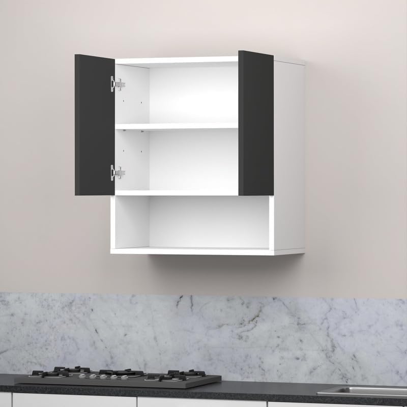Image of 2 Door Multipurpose Wall Mounted Cabinet with Adjustable & Fixed Shelf | Storage for Kitchen, Bathroom, Office & Living Room | Assembly-DIY | Color-White & Grey | Size-60x33x63.8 Cm