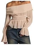 OYOANGLE Women's Off The Shoulder Bishop Blouse Long Sleeve Chiffon Shirred Ruffle Peplum Top Apricot Large