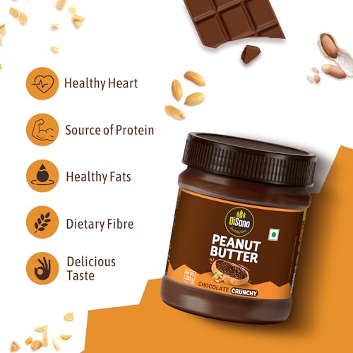 Image of DiSano Chocolate Peanut Butter Crunchy, 350g, 23g Protein & 6.4g Dietary Fibre, Tasty & Healthy Chocolate Spread for Breakfast & Snacks, Made with Premium Roasted Peanuts, Zero Cholesterol & Trans Fat