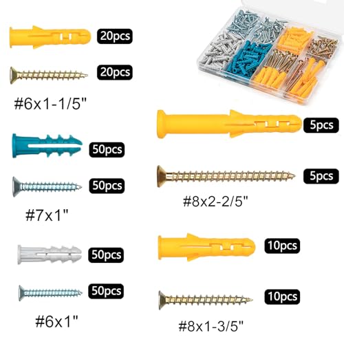 270 PCS Drywall Anchors and Screws Assortment Kit, 5 Sizes Plastic Wall Anchors with Galvanized Self Drilling Screws for Hanging Picture Frame