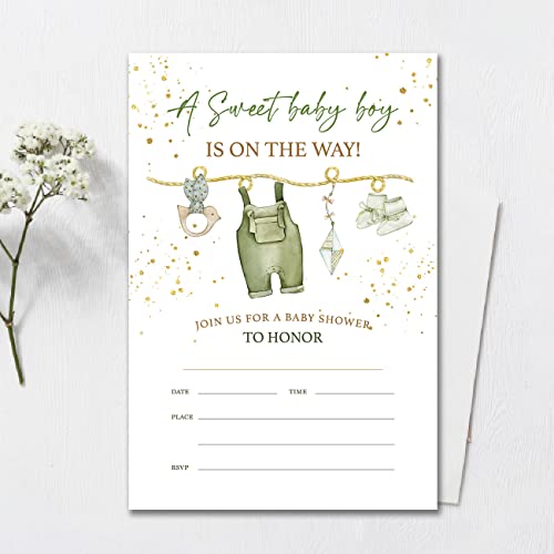 Yidou Boho Boy Baby Shower Party Invitations Green Baby Clothes Baby Shower Party Fill In Invites Cards 20 Invitations And Envelopes (Double Sided) #TOP2