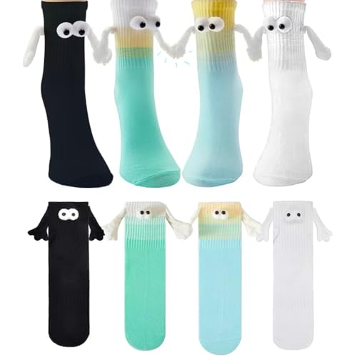 APKOL 4 Pares Calcetines magnéticos para Parejas con Las Manos, 3D Calcetines Magnéticos para Sujetar Las Manos, regalos para novio, parejas, mejores amigos, Negro Blanco Azul Verde