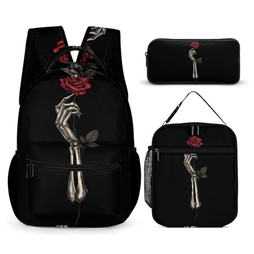 Skull Bones Hand Roses Backpack Shoulder Bags Lunch Bag Pencil Case Box 3 Set Daypack Cute