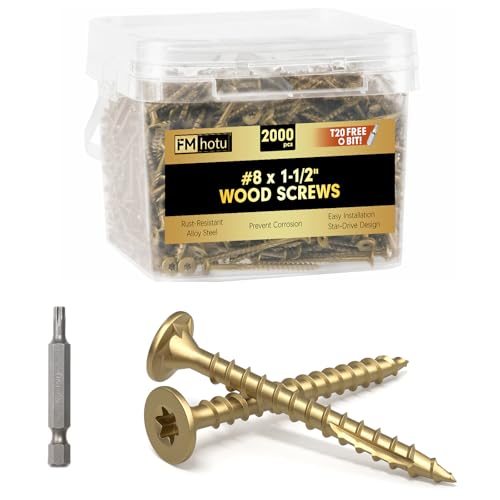 Image of #8 x 1-1 /2 inch Deck Screws, 2000Pcs Star Drive Wood Screws, Rust Resistant Timber Screws for Timber /Log /Landscaping Wood, T20 Star Bit Included, Gold