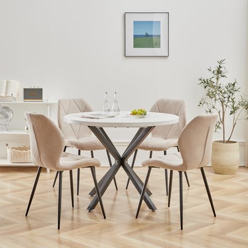 DEYARNA HOME Juego de Comedor Mesa Redonda 100cm y 4 Sillas, Mesa y Sillas para Comedor, Cocina y Salón (Blanco/Negro+Caqui)