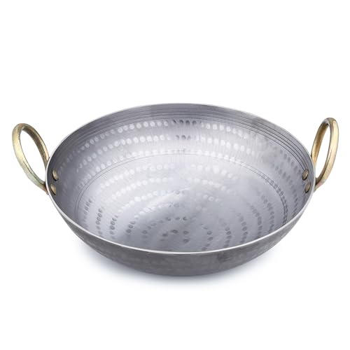 PTR Pure Iron Kadai 3.5 Litre 11.5" Food Grade Wok Lohe Ki Kadhai Deep Fry Pan Hammered Heavy Base Metal Spoon Friendly Gas & Induction Compatible India's Only Smooth Edge Iron Kadai 20 Year Warranty