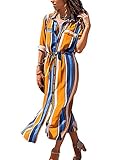 Romose Striped Pockets Single Breasted Belt Long Sleeve Slit Maxi Dress Party Shirt Dress Boho Floral Dress Long Beach Dress B Yellow L