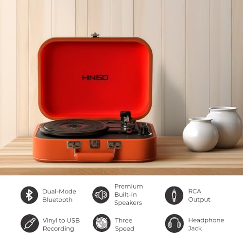 Image of Hiniso Bluetooth Vinyl Record Player with 2-Way Bluetooth (Input & Output) & USB Recording | Vintage 3-Speed Turntable with Built-in Speakers | Convert Vinyl to MP3 | New T416 Design