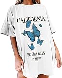 Tomwell T-Shirt Damen Oversized Mode Lose Rundhals Kurzarm Sommer Oberteile Vintage Drucken Bluse Sport Oberteile Vintage Sweatshirt Teenager Mädchen Tunika Lang Tops E Weiß M
