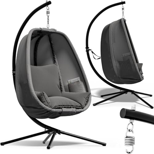 Casaria® Fauteuil Suspendu Gris avec Coussin Structure Robuste Max. 150 kg Panier Suspendu intérieur et extérieur Poches latérales Fauteuil Oeuf