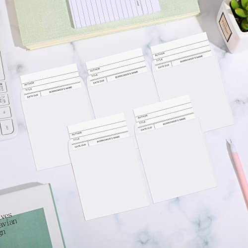 Tarjetas de biblioteca blancas con sobres autoadhesivos para control de préstamos de libros 4