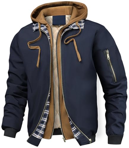 MEDUOLA Sudadera Cremallera Hombre Cremallera Doble con Capucha Invierno Chaqueta Cargo Manga Larga Bolsillos Grueso Cálido Estilo Deportivo Informal XXL,Azul Marino