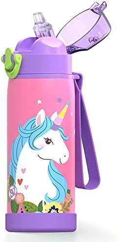Cute Vacuum Insulated Water Bottle with Straw for School Girls Boys, Durable Stainless Steel, Leak Proof One Click Open Soft Straw, Protective Silicone Boot, 470ml - Mermaid
