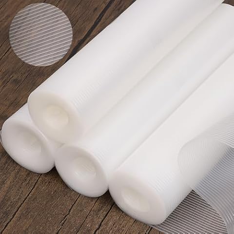 BAKHUK 4 Rolls Shelf Liner, 12 Inch x 25 FT Cabinet Liners for Shelves Non Slip, Non Adhesive Drawer Liner Waterproof, Clear Ribbed Washable Refrigerator Liners Fridge Mats for Kitchen Pantry Cover