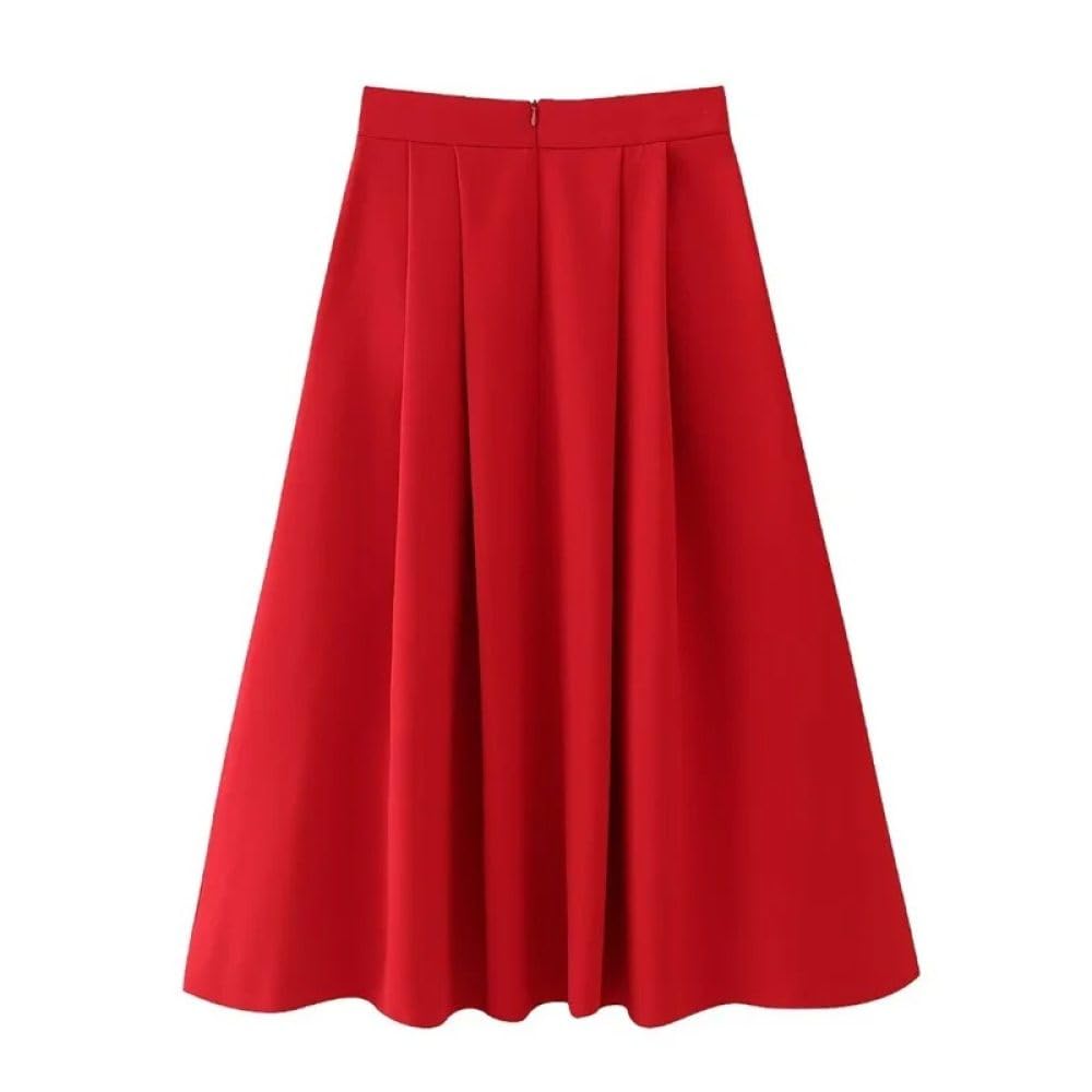 SWEPER Falda Corta De Mujer - Falda Plisada Roja para Mujer, Falda Larga hasta El Tobillo Elegante con Cremallera Trasera De Primavera Y Cintura Alta para Oficina