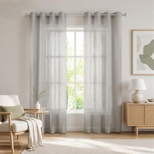 KOUFALL Gray Sheer Curtains 84 Inches Long for Bedroom, Grommet Window Panel Voile Semi Sheer Drapes See Through Sheer Curtains for Living Room, 2 Panels Set, 52x84 Inch Length, Light Grey