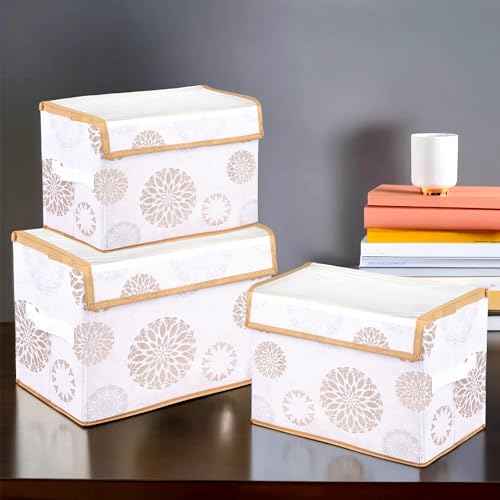 Image of Amazon Brand - Solimo Drawer Storage Box|Clothes Drawer Organizer With Handle|Transparent Lid With Velcro|Wardrobe Organizer|Gola-Print Storage Box|Small, Medium & Large (Pack Of 3, White), Non-Woven