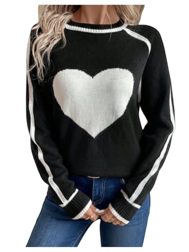 Verdusa Women's Heart Print Raglan Sleeve Sweaters Crew Neck Color Block Fall Pullovers Black and White Medium