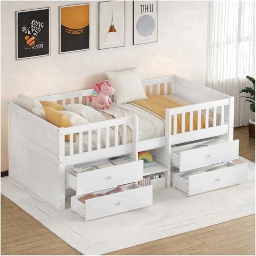 Lubvtti Cama para niños con 4 cajones, Cama Montessori 90 x 200 cm,Cama Infantil con barandilla y Base de láminas, sin...