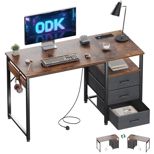 ODK 120cm Computer Desk with 3 Fabric Drawers, Office Desk with 2 Sockets & USB Ports, Reversible PC...