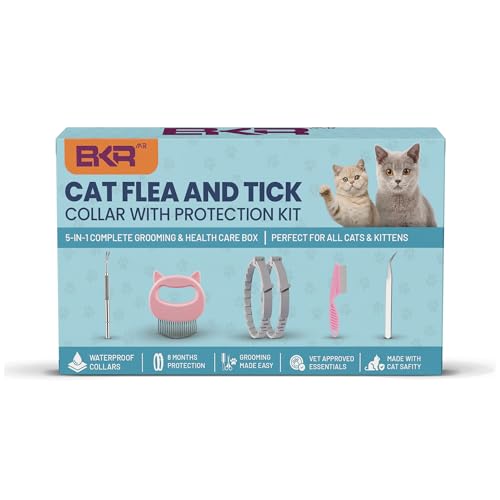 BKRMART Cat Flea Collar 2 Pack 8-Month Protection, All Natural Flea Collar for Cats, Includes Flea Comb, Shell Comb, Tick Tweezers & Tick Removal Tool 5-in-1 Cat Flea Protection Kit