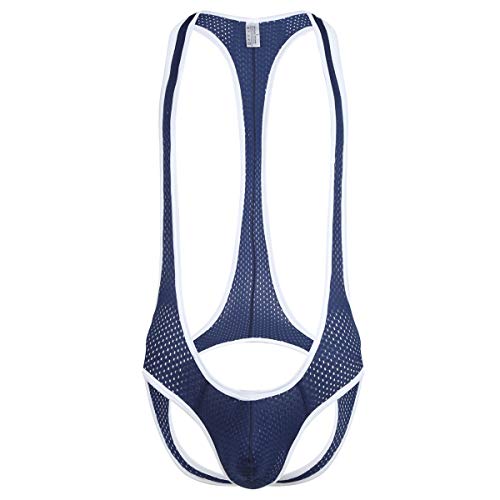 QiaTi Mens Thong Leotard Bodysuit Stretch Singlet Wrestling Jumpsuit One-Piece G-String Underwear(Navy M)