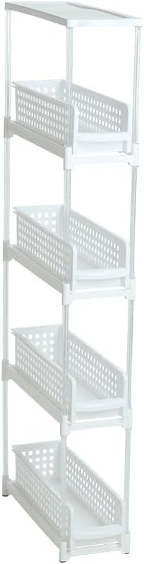 Sliding Drawer Storage - 4-Tier White Plastic Modern Floor Mount Home Organization Bathroom Laundry Room Pantry Closet 7.08 x 17.7 x 36.61 inches