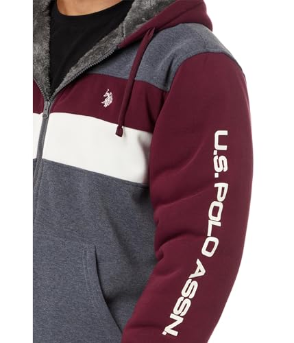 U.S. Polo Assn. Men's USPA Tri Color-Block 2 Stripe Sherpa Hoodie Dark Heather Grey Medium3