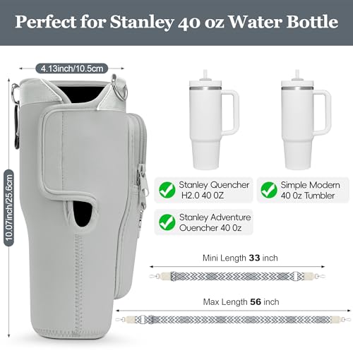 LOKASS Initial Water Bottle Holder with Strap for Stanley Cup 40oz Tumbler with Handle,Insulated Water Bottle Carrier Bag with Phone Pocket, Floral & Carabiner for Stanley Cup Accessories (Grey A) by LOKASS - Image 5