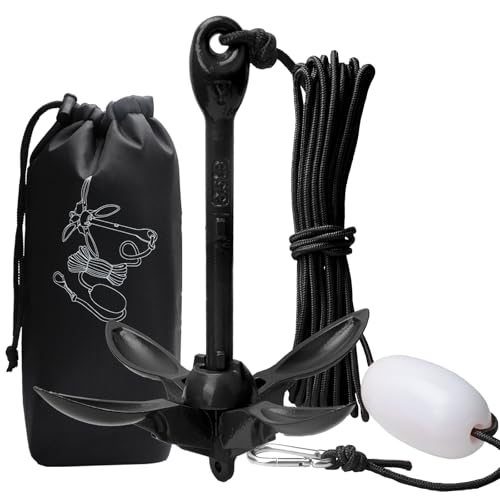 BocBoz Kayak Anchor Boat Anchor for Kayaks, Canoes, SUP Paddle Boards & Jet Skis, Folding Anchor with 40ft Anchor Tow Rope and Carrying Bag- 3.5 lb-Black